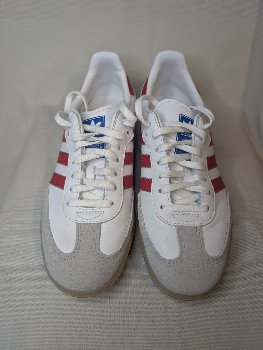 Adidas Samba White with Red Stripes and Gray Suede Toe